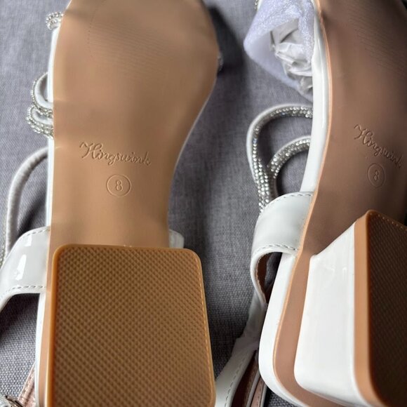 White Rhinestone Sparkly 2 Inch Chunky Heel Sandals Square Toe - Picture 5 of 8